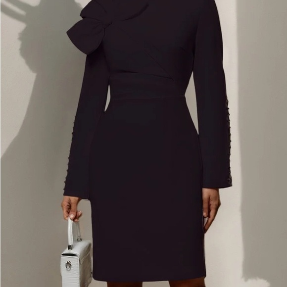 Black Asymmetrical Sheath Dress with Long Sleeves for Cocktail - Picture 1 of 4